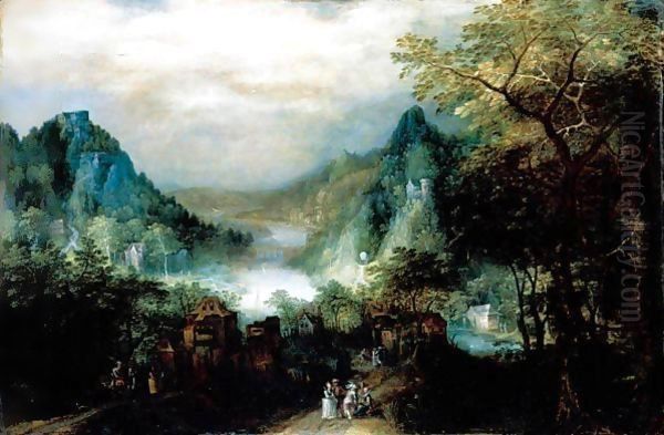 A Mountainous River Landscape With Elegant Figures On The Approaches To A Village Oil Painting by David Vinckboons I