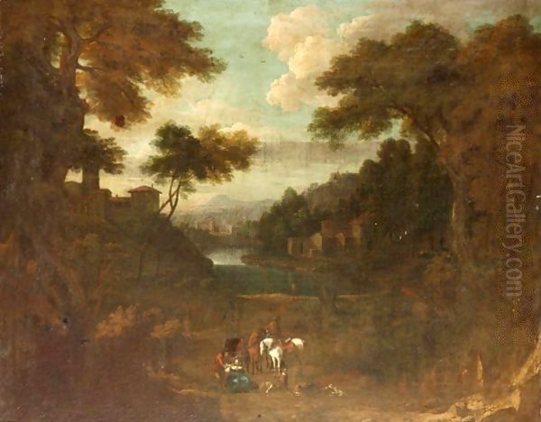 Figures Resting In A Classical Landscape Oil Painting by Cornelis Huysmans