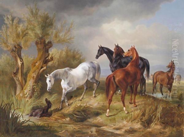 Vollbluter Auf Der Weide (Thoroughbreds In A Pasture) Oil Painting by Adam Albrecht