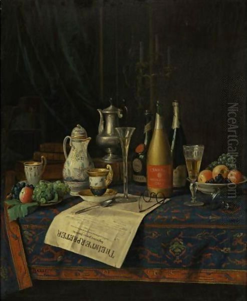 Still Life With Newspaper And Champagne Oil Painting by William Michael Harnett