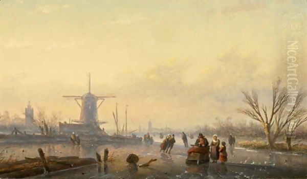 Figures On A Frozen Waterway Oil Painting by Jan Jacob Coenraad Spohler
