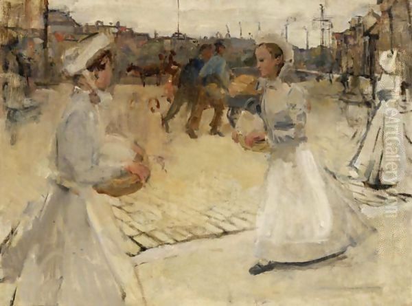 A'Meisjes Op De Munt A' (Servant Girls On The Muntplein, Amsterdam) Oil Painting by Isaac Lazarus Israels