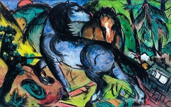 Zwei Grosse Pferde In Landschaft (Two Large Horses In A Landscape) Oil Painting by Franz Marc