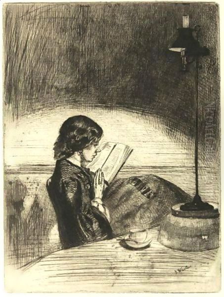 Reading By Lamplight Oil Painting by James Abbott McNeill Whistler