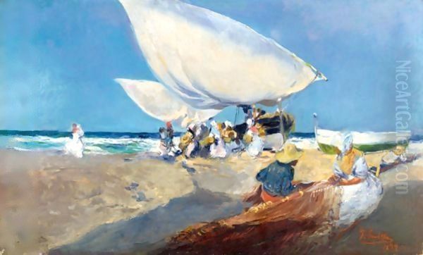 Mending The Nets Oil Painting by Joaquin Sorolla Y Bastida