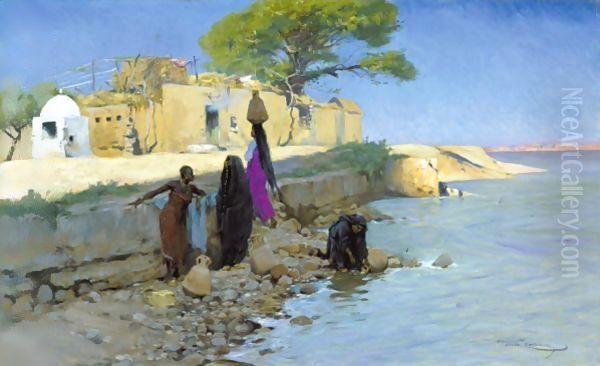 Washerwomen On The Nile Oil Painting by Wilhelm Kuhnert