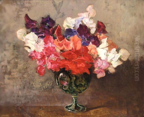 Still Life Of Sweet Peas Oil Painting by Robert Noble