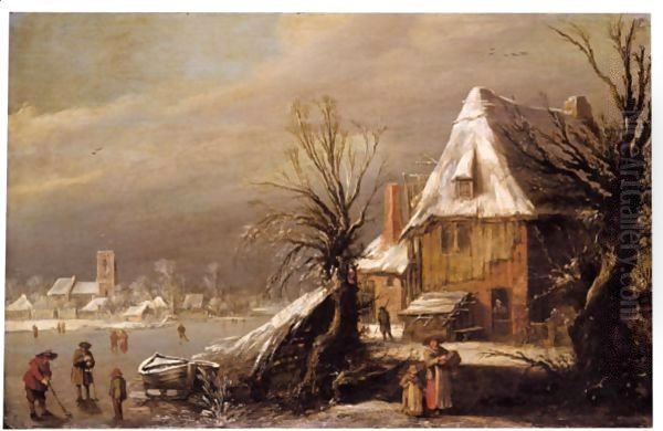 A Winter Landscape With Figures Playing Kolf And Skating On A Frozen River Before A House, A Church Beyond Oil Painting by Esaias Van De Velde