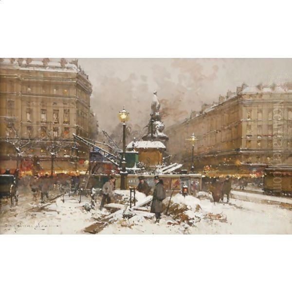 Place Clichy, Travaux Du Metro Oil Painting by Eugene Galien-Laloue