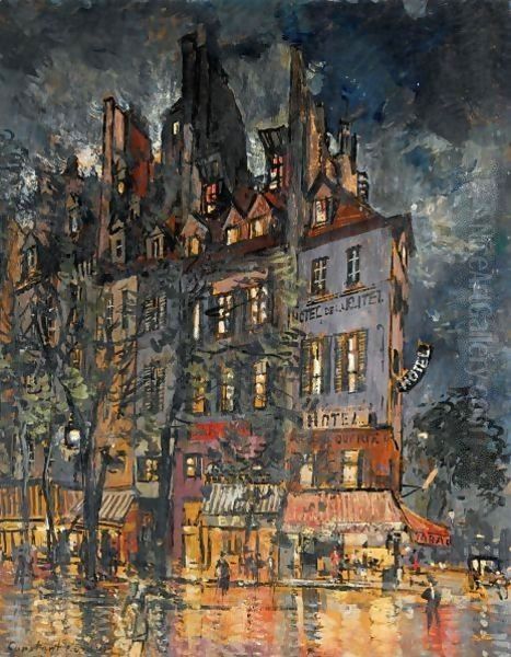 Parisian Street Corner At Night Oil Painting by Konstantin Alexeievitch Korovin