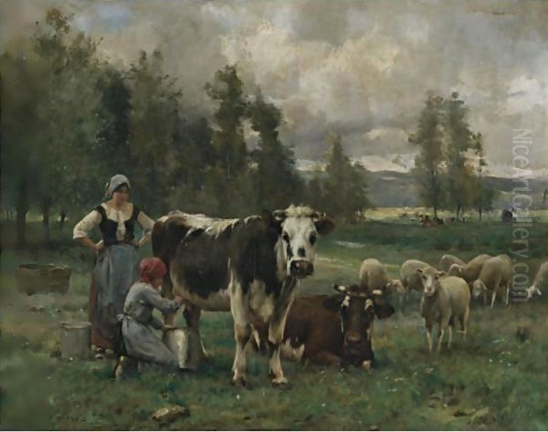 Milkmaids In The Pasture Oil Painting by Julien Dupre