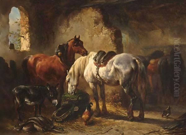 Horses And A Donkey In A Stable Oil Painting by Wouterus Verschuur