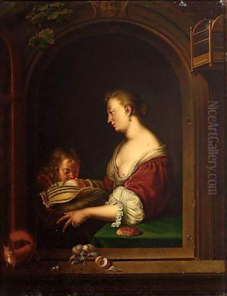 A Mother And Two Children In A Window Together With A Squirrel Oil Painting by Willem Van Mieris Leiden
