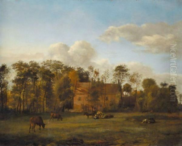 A Landscape With Cattle Grazing In An Open Field Before A Manor House, A Milkmaid At Work Oil Painting by Jan Van Der Heyden