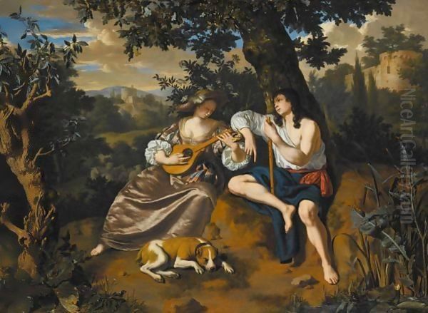 An Arcadian Landscape With A Shepherd Holding A Flute, Listening To A Shepherdess Playing A Stringed Instrument, A Dog Lying At Their Feet Oil Painting by Willem Van Mieris Leiden