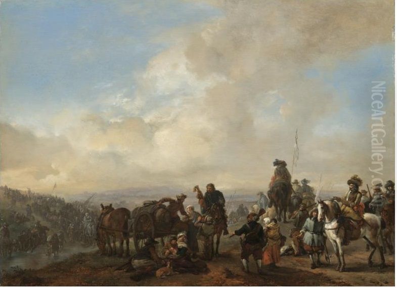 Landscape With Cavalrymen Crossing A Ford And Peasants Taking Refreshment From A Wagon Oil Painting by Philips Wouwerman