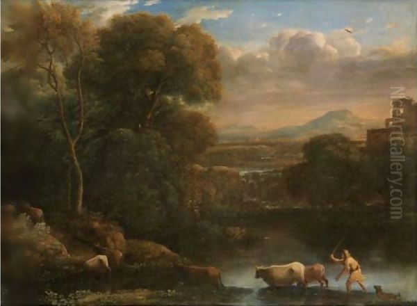 An Italianate Landscape With A Drover And His Dog Driving His Cattle Across A Ford, A Waterfall Beyond Oil Painting by Claude Lorrain (Claude Gellee)