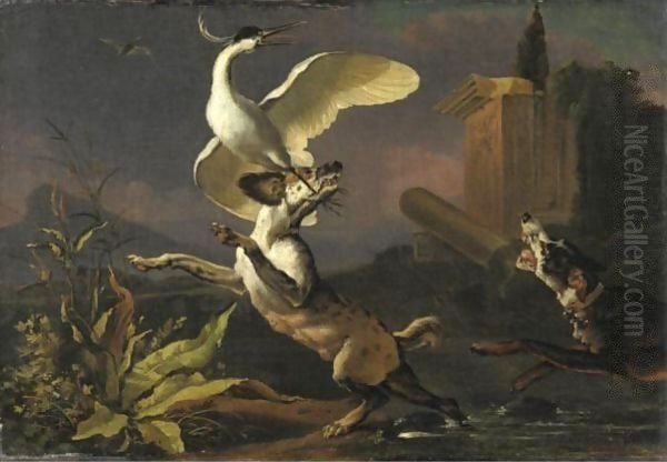 Cani E Airone Oil Painting by Abraham Danielsz. Hondius