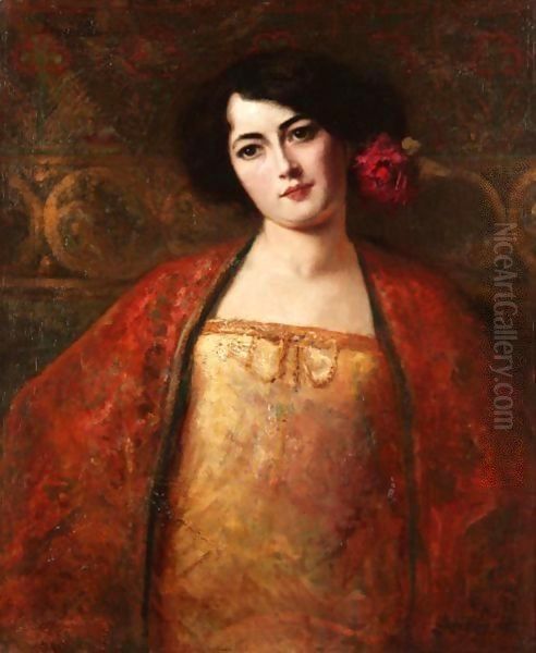 Portrait Of A Lady In A Red Shawl Oil Painting by Benjamin Jean Joseph Constant