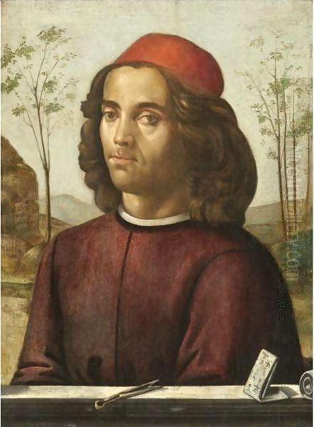 Portrait Of A Gentleman, Head And Shoulders, Wearing A Crimson Tunic, With A Pair Of Dividers On A Stone Ledge Oil Painting by Ghirlandaio Domenico