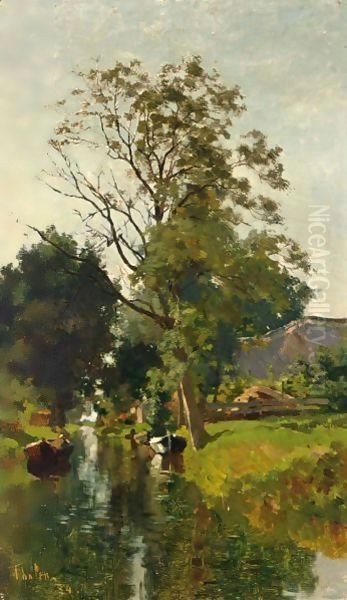 A Summer Landscape With Moored Boats In A Waterway Oil Painting by Willem Bastiaan Tholen