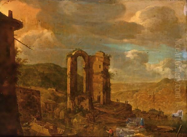 A Rhenish River Landscape With Figures And Their Boats Near A Ruin Oil Painting by Herman Saftleven