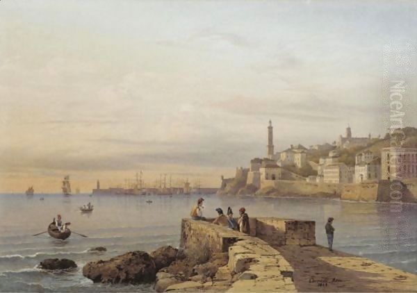 View Of The Harbour In Genoa Oil Painting by Hermann David Solomon Corrodi
