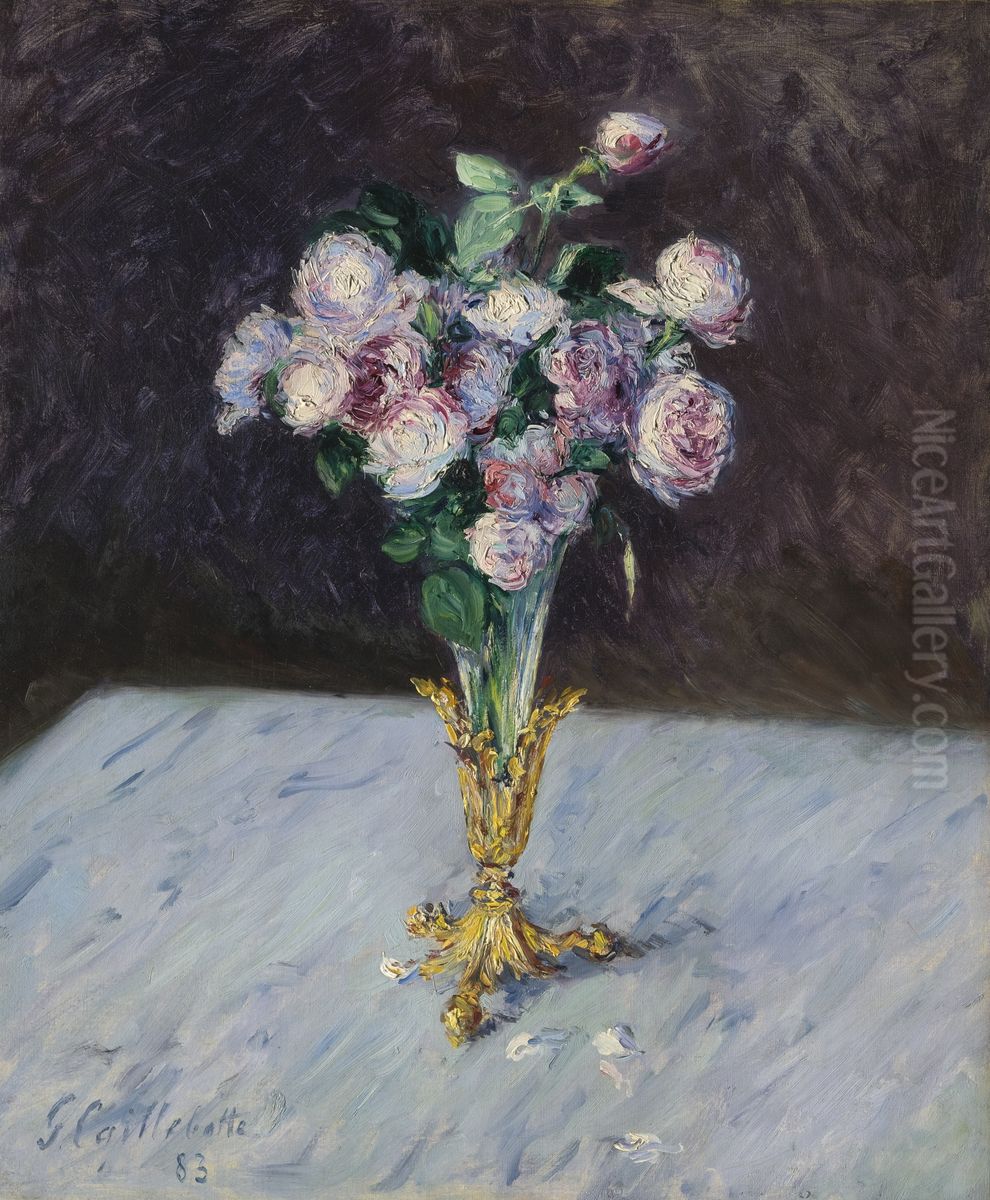 Bouquet De Roses Dans Un Vase De Cristal Oil Painting by Gustave Caillebotte