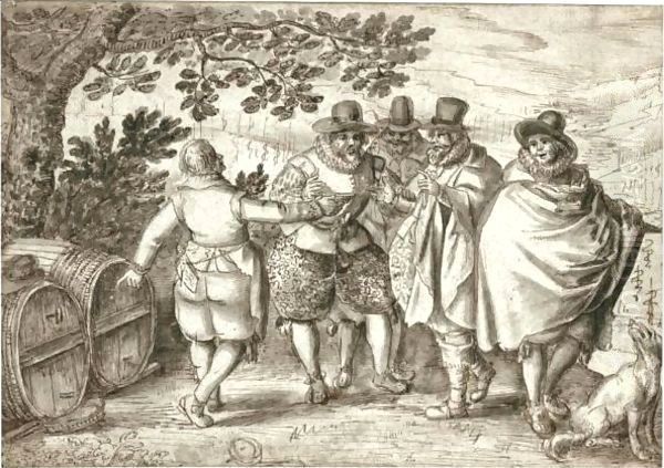 Gentlemen Tasting Wine In A Landscape Oil Painting by David Vinckboons I