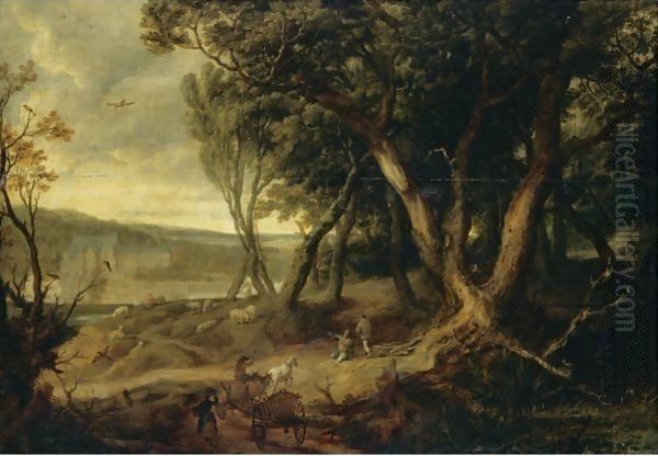 Landscape With A Waggoner, A Shepherd Resting His Flock And Other Figures Before The Chateau De Tervueren Oil Painting by David Vinckboons I