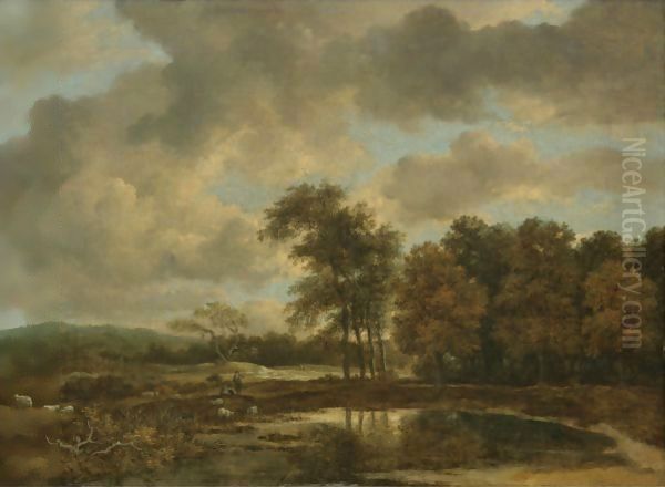 Landscape With A Shepherd Watering His Flock By A Pond At The Edge Of A Wood Oil Painting by Jacob Van Ruisdael