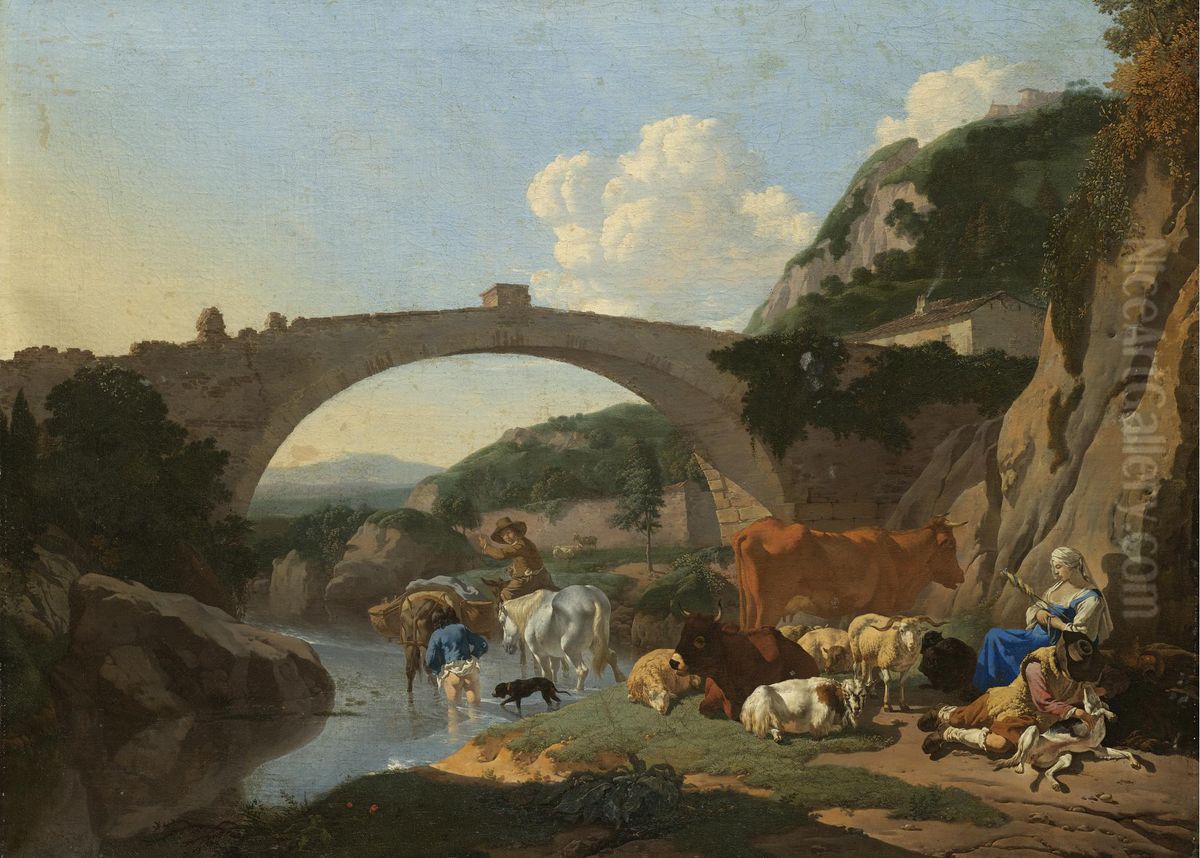 Italianate Landscape With Herders And Animals Resting By A River Under A Bridge Oil Painting by Karel Dujardin