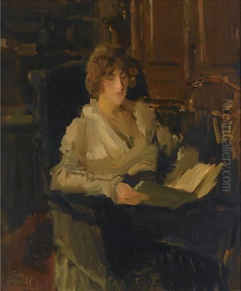 A Woman In A Chair Reading Oil Painting by Isaac Lazarus Israels