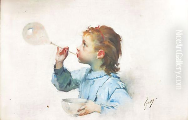 Fillette A La Bulle De Savon Oil Painting by Henri-Jules-Jean Geoffroy (Geo)