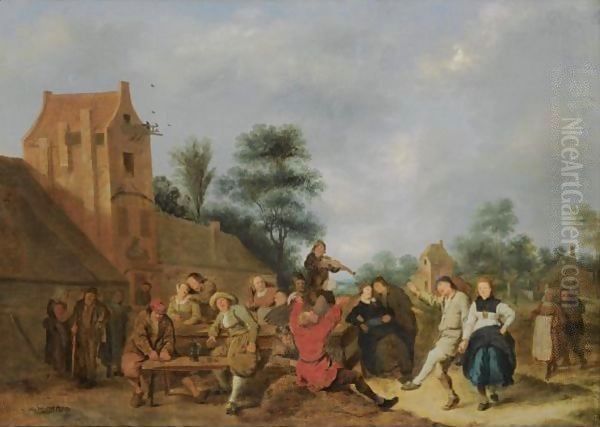 A Merry Company Outside An Inn Oil Painting by Jan Miense Molenaer