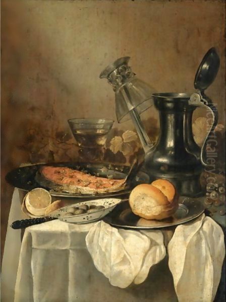 Still Life With A Pewter Flagon And Upturned Wineglass, A Slice Of Salmon Oil Painting by Pieter Claesz.