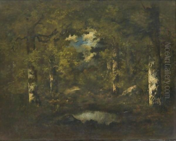 Birch Trees, Boulders And A Pond Fontainebleau Forest Oil Painting by Narcisse-Virgile D Az De La Pena