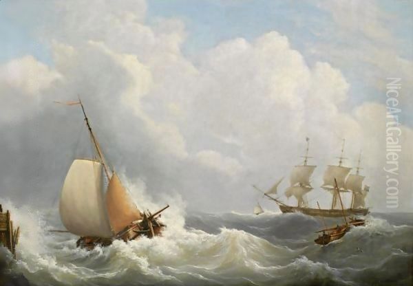 Sailing Vessels Off The Coast Oil Painting by Martinus Schouman