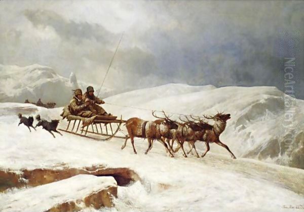 A Brisk Reindeer Sleigh Ride Oil Painting by Andras Marko