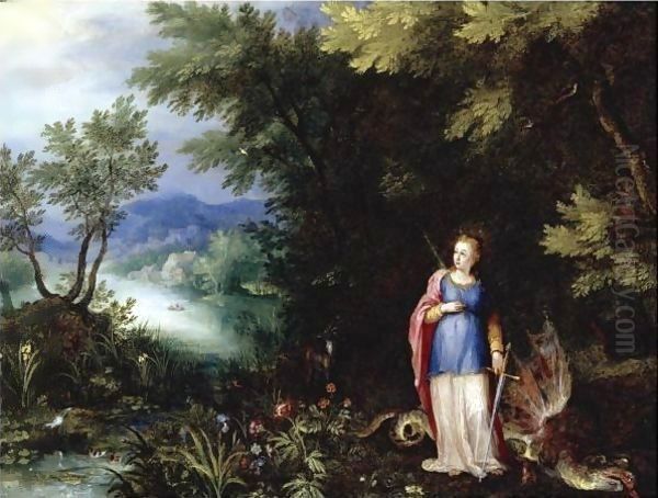 Saint Margaret And The Dragon In An Extensive River Landscape Oil Painting by Jan The Elder Brueghel