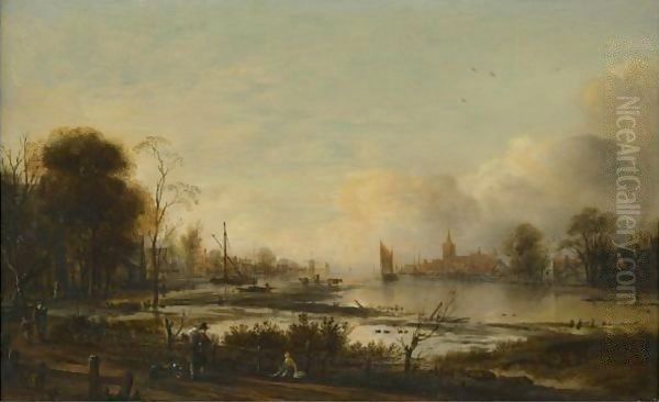 A River Estuary At Dusk With Figures Returning Home Along A Track, A Town Beyond Oil Painting by Aert van der Neer