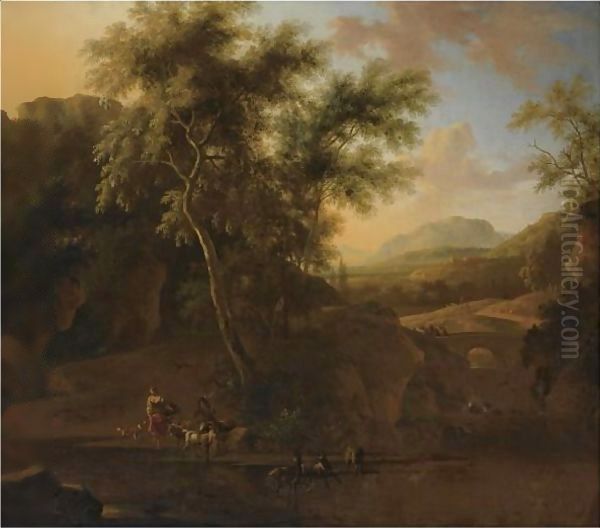An Italianate Wooded River Landscape With Shepherds And Their Herd Of Goats In The Foreground Oil Painting by Frederick De Moucheron