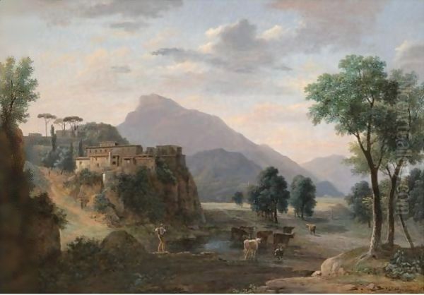 An Italianate Landscape With A Herder And His Cows Before A Hilltop Town Oil Painting by Jean-Victor Bertin