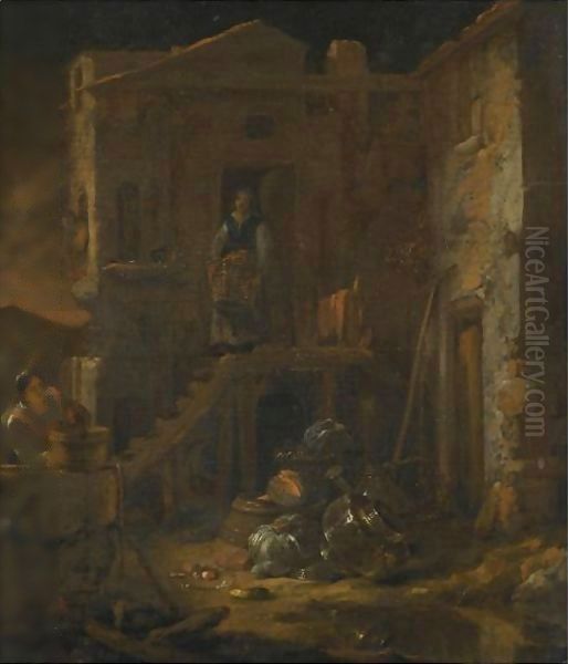 A Courtyard Scene With Washerwomen Oil Painting by Willem Kalf