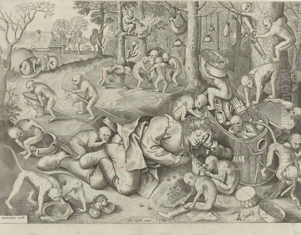 The Sleeping Peddler, Surrounded By Monkeys, Who Are Playing With His Goods Oil Painting by Pieter The Elder Brueghel