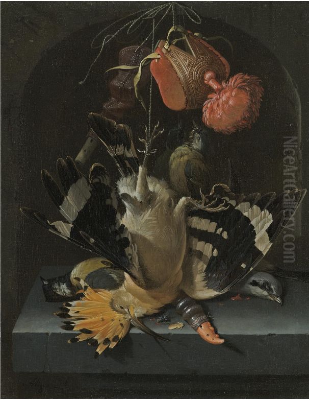 Still Life With A Hoopoe, A Great Tit, A Falconry Hood And A Decoy Whistle All Arranged Within A Stone Niche Oil Painting by Abraham Mignon