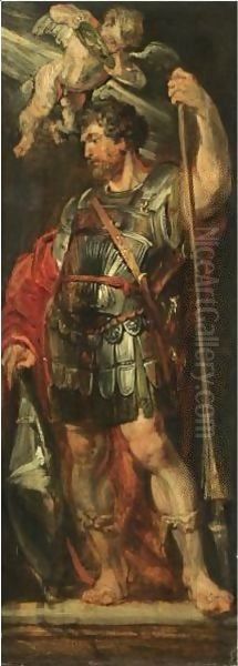 Study Of A Roman Hero Or Martyr Holding A Lance, Possibly Longinus Oil Painting by (studio of) Rubens, Peter Paul