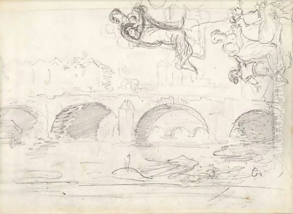 Feuille D'Etudes Avec Le Pont Notre-Dame, Et Diverses Figures Oil Painting by Hubert Robert