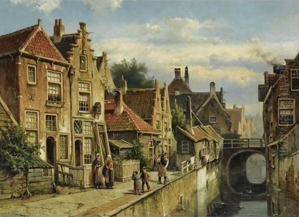 Figures On A Quay In A Sunlit Town, Possibly Haarlem Oil Painting by Willem Koekkoek