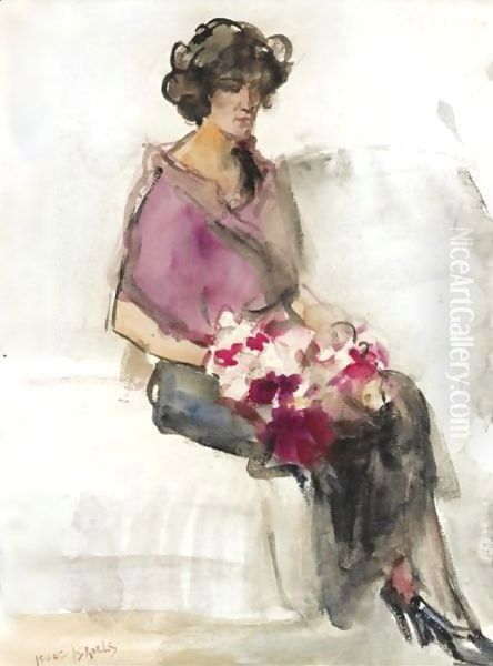 A Seated Lady With Flowers Oil Painting by Isaac Lazarus Israels